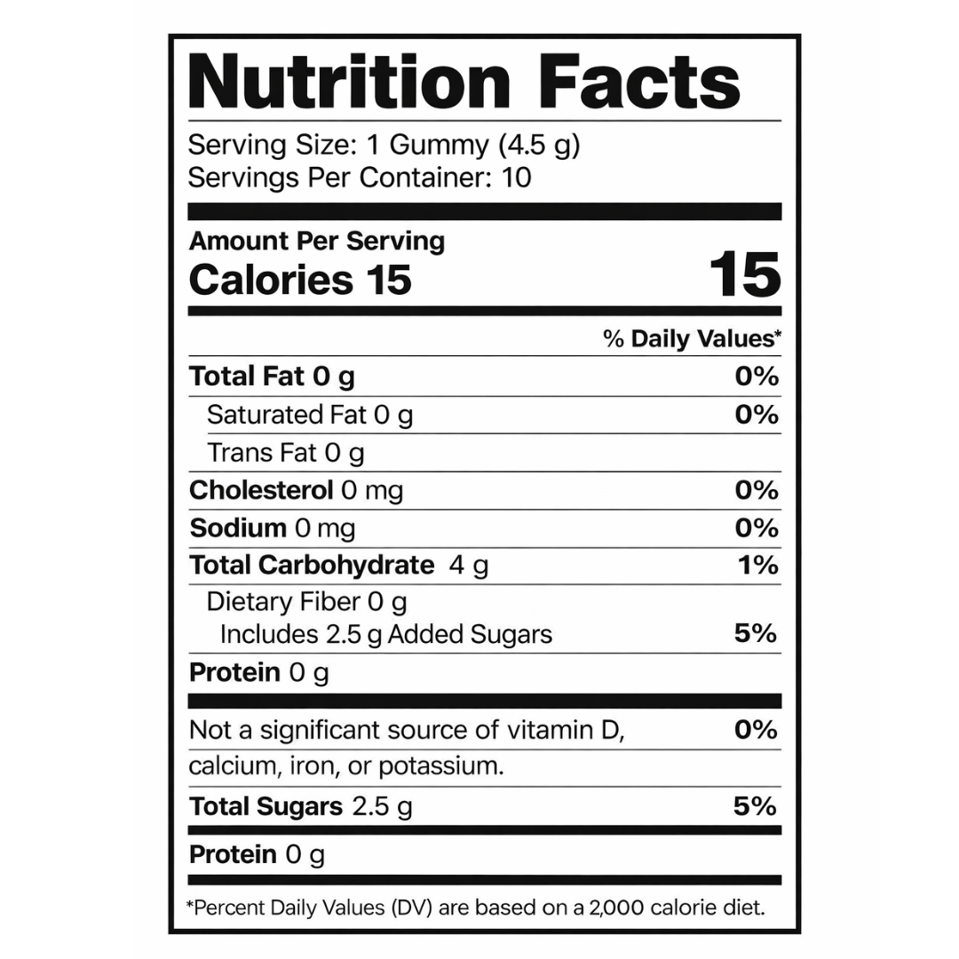 Nutrition Facts - Serving size 1 gummy (4.5g), 15 calories per serving